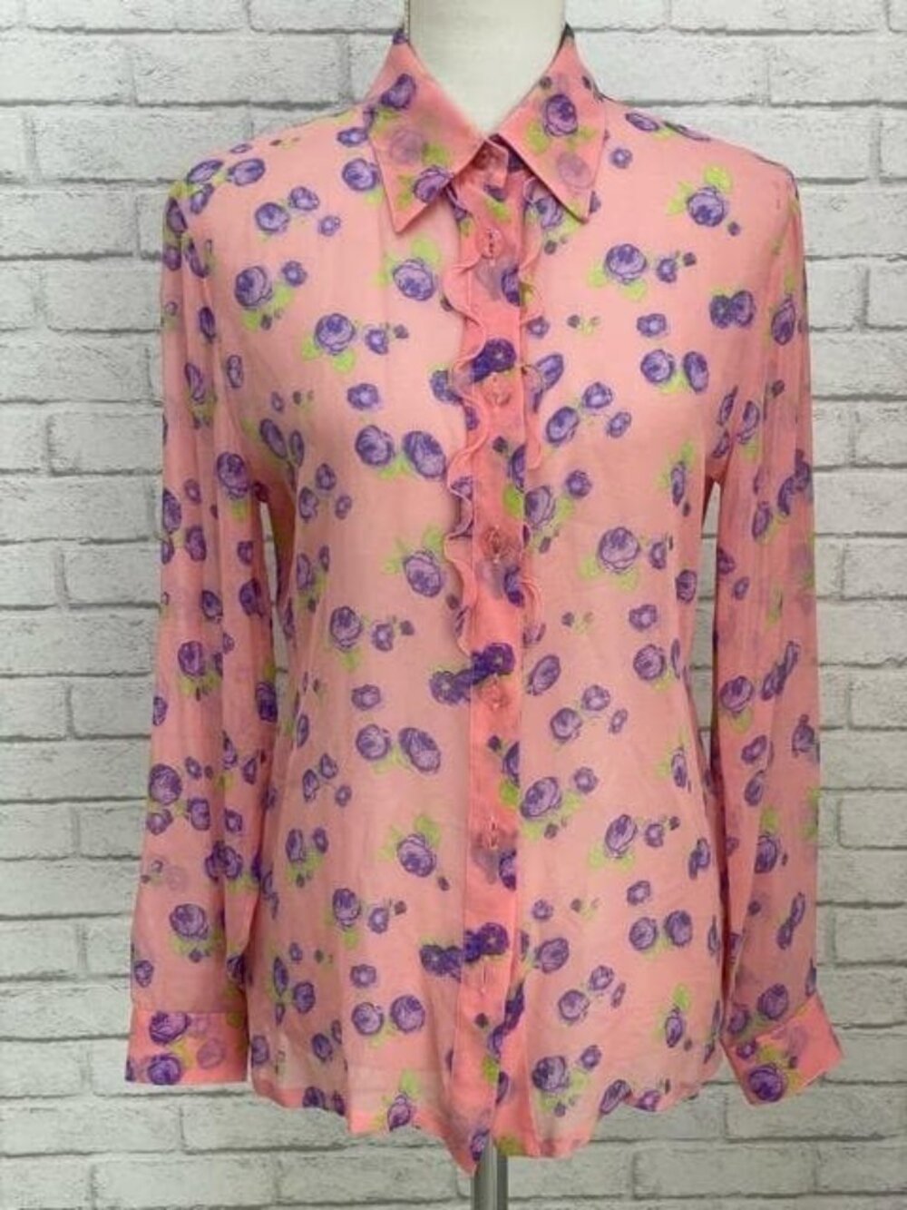 Versace Istante 100% Silk Rose Print Ruffle Blouse Pink Purple Vintage SMALL Sz4